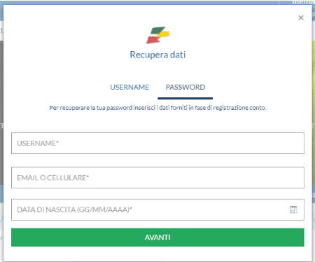 Immagine della pagina di recupero password su Eurobet, dove l'utente inserisce il proprio codice fiscale, indirizzo e-mail registrato e risponde alla domanda di sicurezza per avviare il reset della password.
