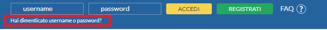 Immagine che mostra il clic sul tasto 'Hai dimenticato username e password?' su Eurobet, avviando la procedura per recuperare l'username o reimpostare la password dell'account.