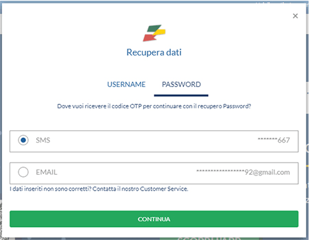 Immagine della pagina di Eurobet dove l'utente inserisce il proprio numero di telefono o indirizzo e-mail per ricevere un codice OTP, necessario per completare il recupero dell'account.