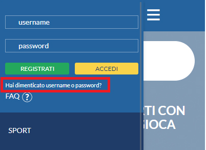 Immagine della versione mobile di Eurobet che mostra il tasto 'Hai dimenticato username e password?', cliccando sul quale si avvia la procedura per recuperare l'username o reimpostare la password dell'account.